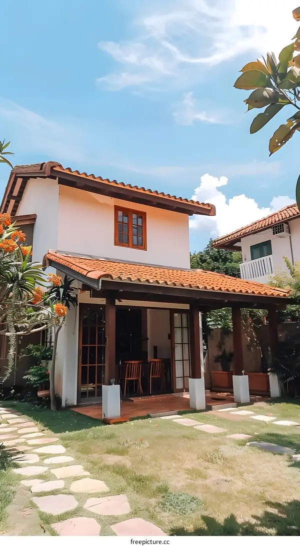 Modern House with Stone Pathway and Lush Greenery