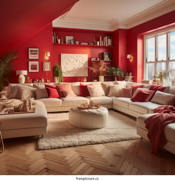 Modern Living Room with Red Wall, White Furniture, and Large White Rug