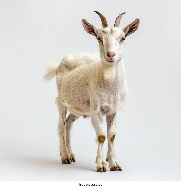 Portrait of a white goat standing on a white background
