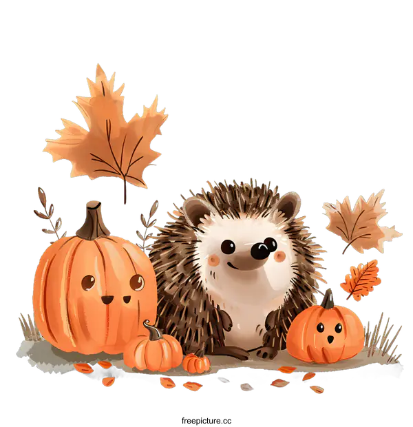 [Transparent Background PNG]Cute Hedgehog with Pumpkins and Fall Leaves Illustration