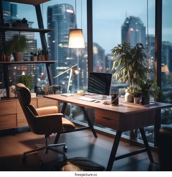 Modern Office Interior with Large Desk and Floor-to-Ceiling Window