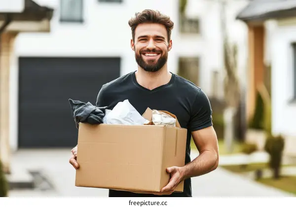 Smiling Man Carrying a Cardboard Box Outdoors