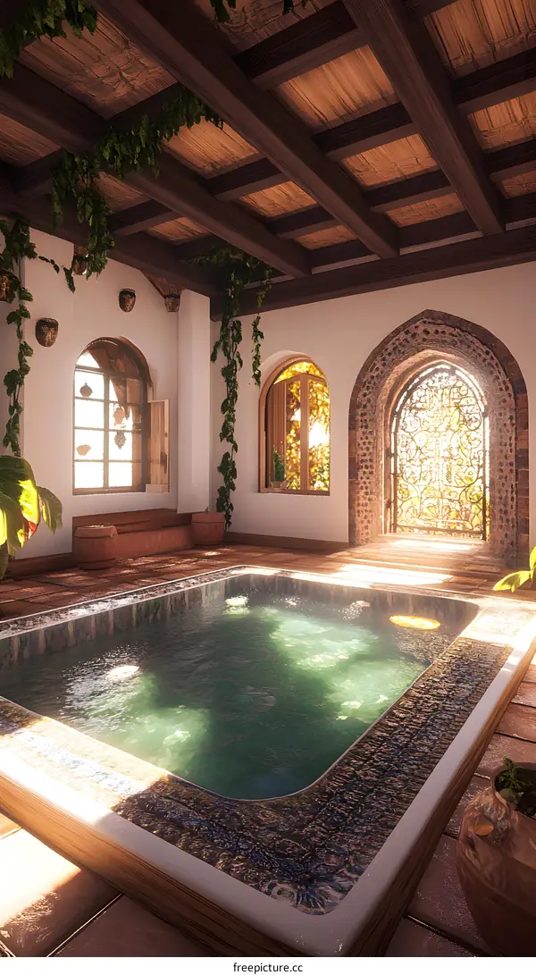 Indoor Pool With Wooden Beams and Vines