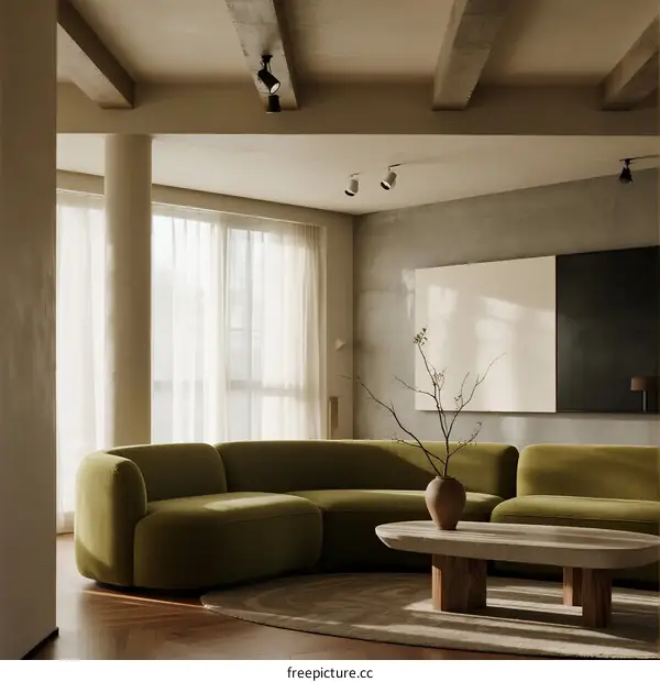 Modern living room with curved green sofa and natural light