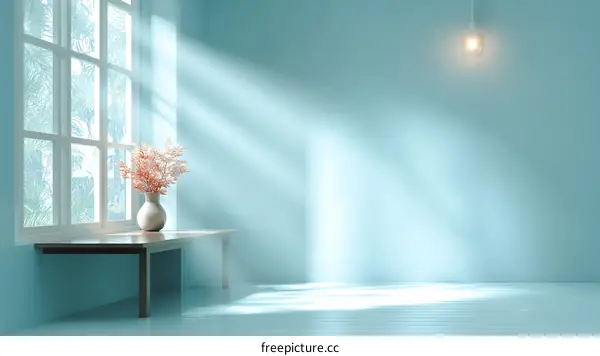 Empty Light Blue Room with Sunlight and Vase