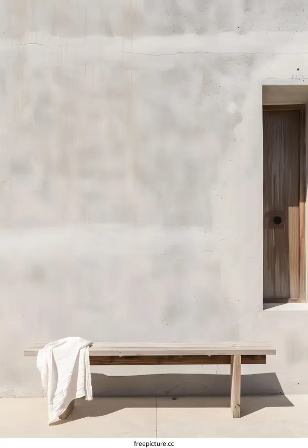 Minimalist Wooden Bench Against a White Wall