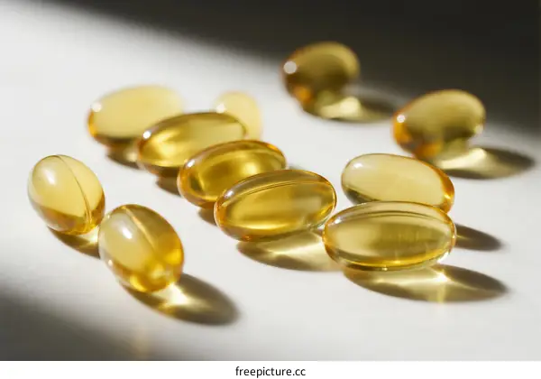 Yellow softgel supplements arranged on white surface under light