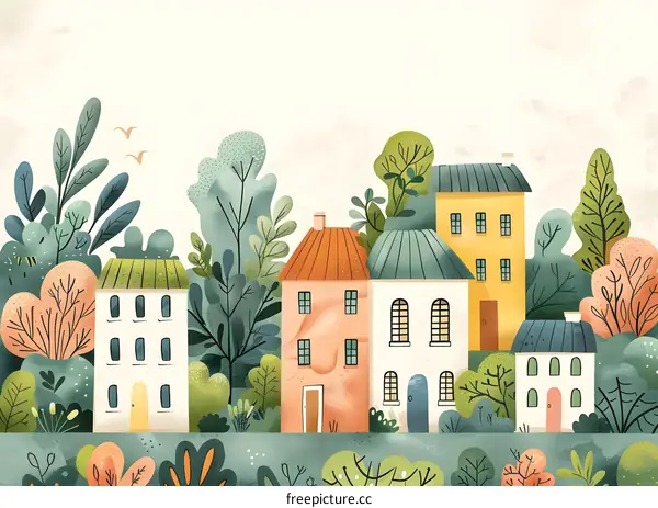 A row of colorful houses with trees and plants