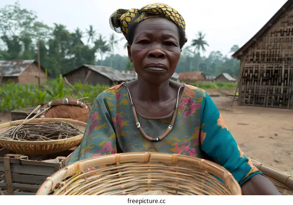 African Woman in a Village with Baskets