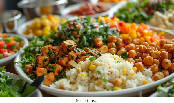 Vegetarian buffet with rice chickpeas and tofu