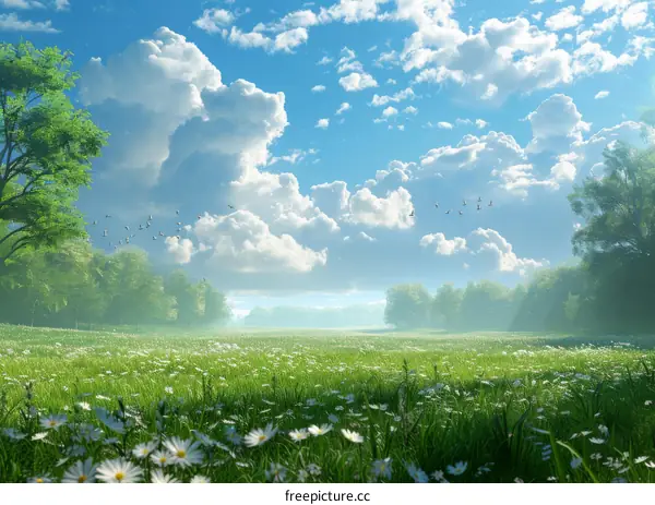 Sunlit Meadow with Daisies and Blue Sky