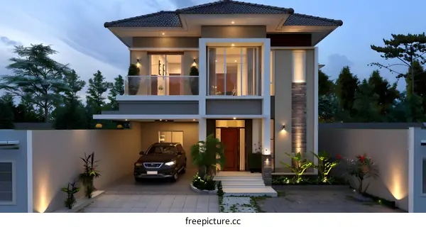 Modern Two Storey House with Carport and Landscaping