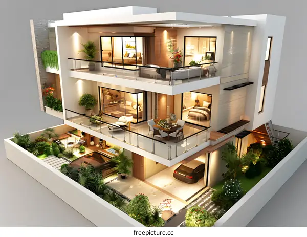 3D rendering of a modern house with a pool and a garden