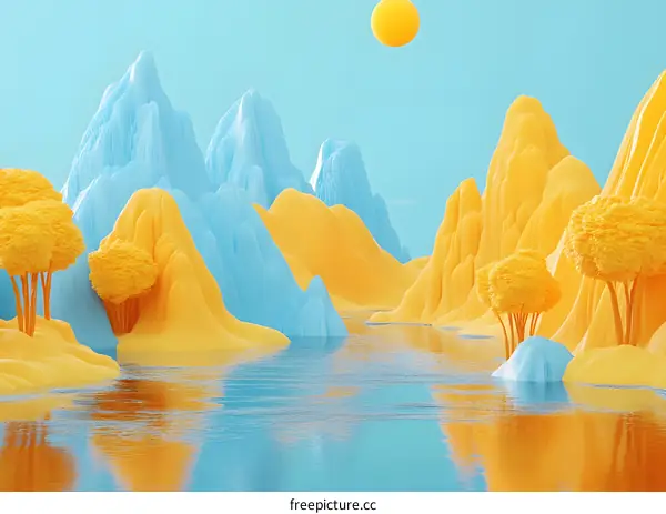 Abstract Landscape Illustration with Blue and Yellow Mountains and a Lake