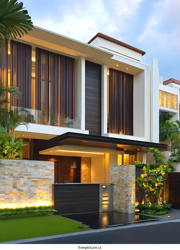 Modern Minimalist House Exterior Design With Stone Wall And Wooden Accents