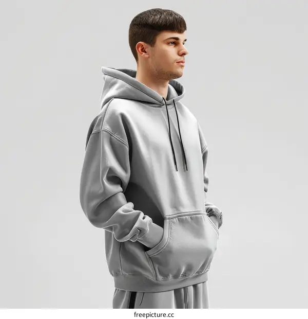 Young man in a gray hoodie looking away