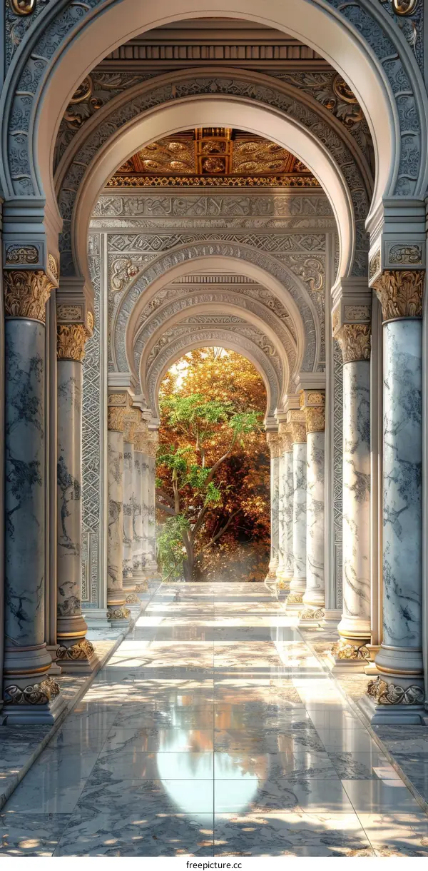 Grand Hallway with Marble Columns and Golden Accents