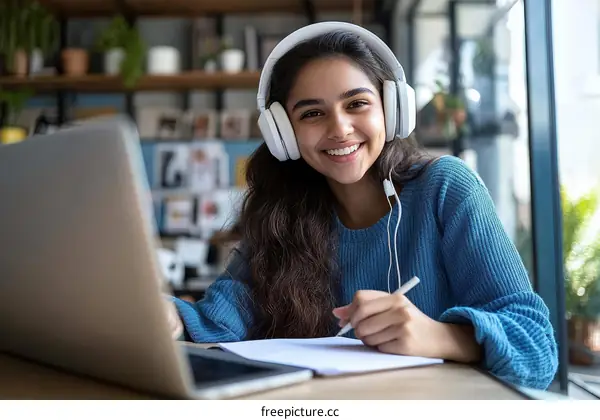 Smiling Young Woman Studying on Laptop