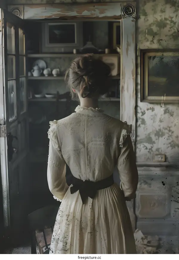 woman in white dress standing in front of a door