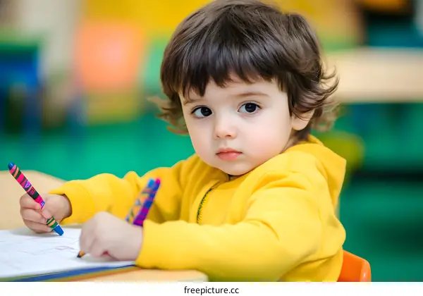 Little Boy Drawing with Colorful Crayons