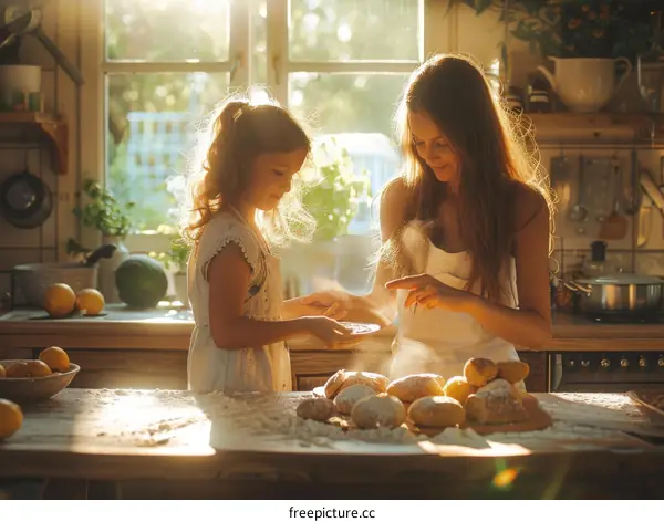 Little girl and her mother are cooking together in the kitchen