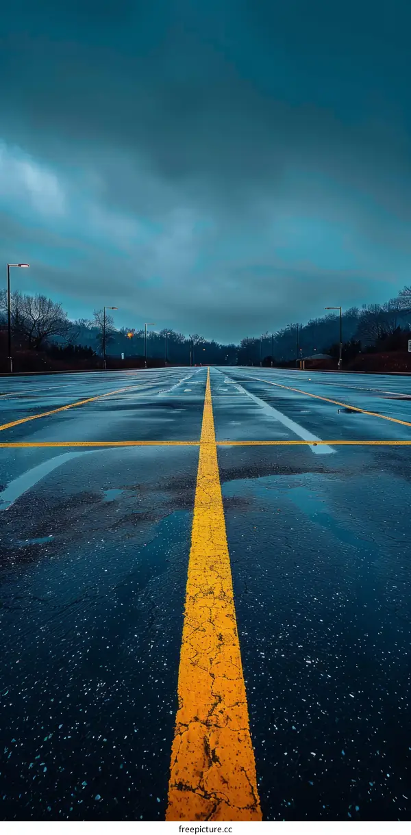 Empty parking lot with yellow line in the middle