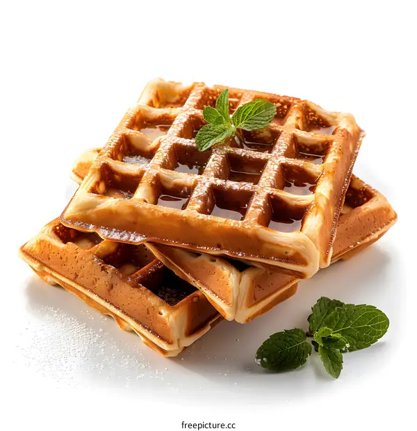 Waffles with syrup and mint on white background