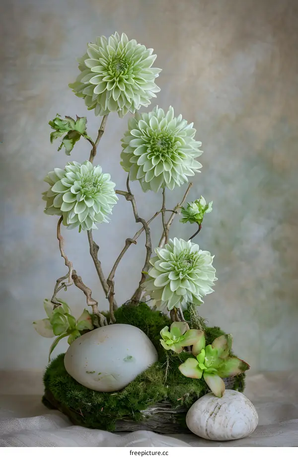 Green Dahlia Flower Arrangement With Moss And Stones
