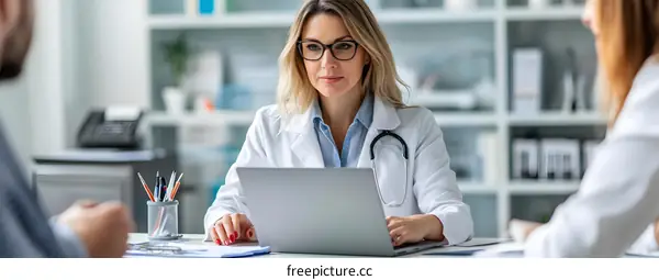 Female Doctor Using Laptop While Talking to Patient in Office