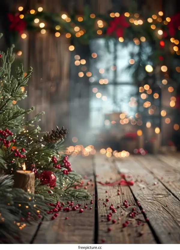 Rustic Christmas background with a wooden table and a lit candle