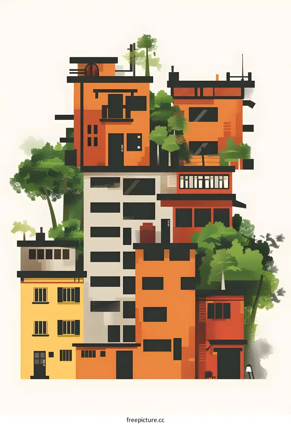 Modern Urban Landscape Illustration With Green Trees And Buildings