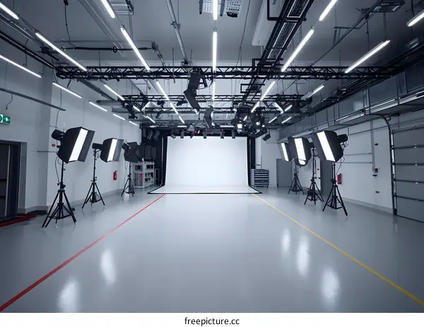 Empty Photo Studio With Professional Lighting Equipment