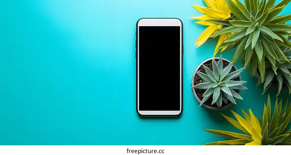 Smartphone with Succulents on Turquoise Background
