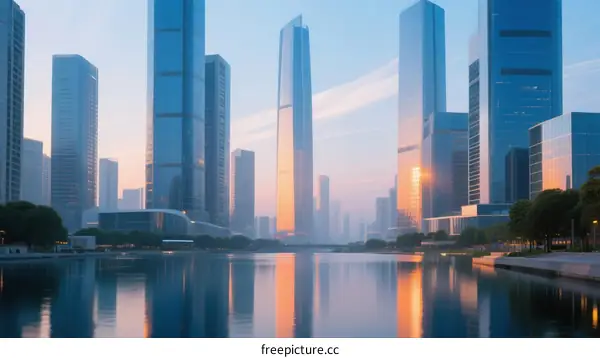 Modern Urban Skyscrapers Reflecting in Calm Water at Sunset