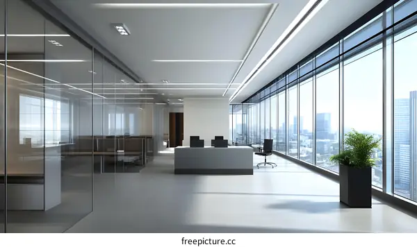 Modern Office Interior Design with Large Windows and Cityscape View