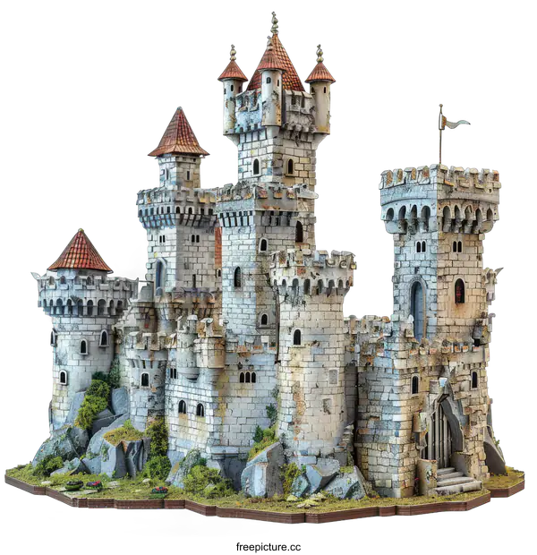 [Transparent Background PNG]Medieval castle with multiple towers and flag