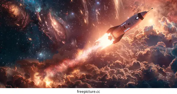 Spaceship flies through a nebula with stars in the background