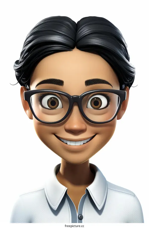 3D illustration of a young woman with dark hair and brown eyes wearing glasses and a white shirt