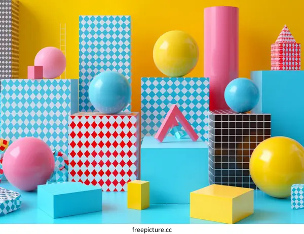 Colorful 3D geometric shapes composition with abstract art element