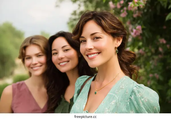 Three Women Smile Outdoors in Summer