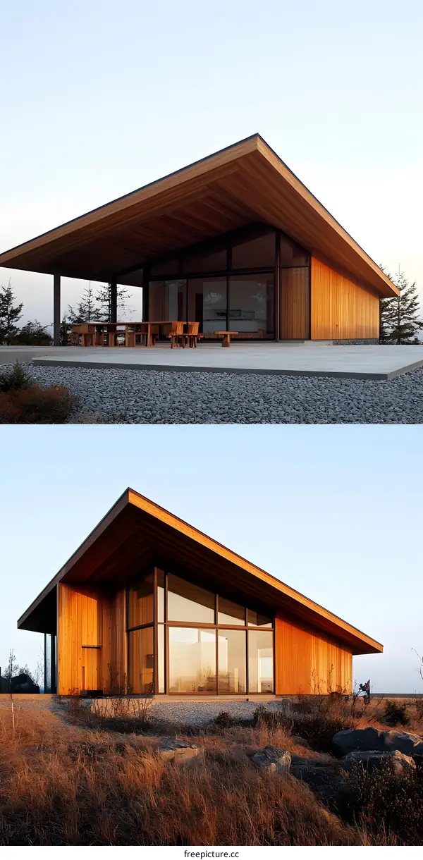 Modern Wooden House with Large Windows and Overhanging Roof