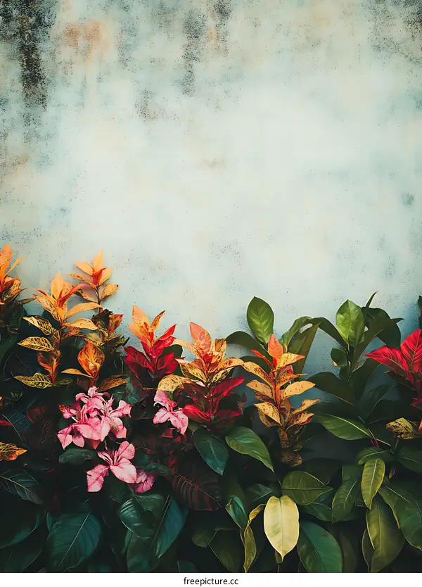 Green Leaves with Pink Flowers on Wall Background