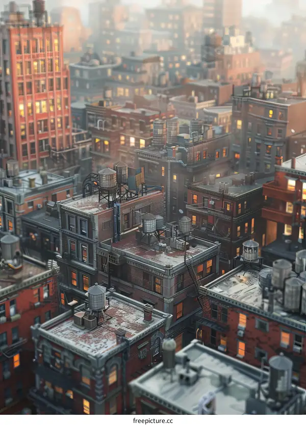 A City Skyline with Tall Buildings and Water Towers