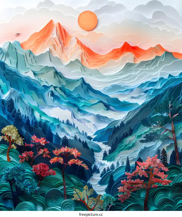 Paper Art Mountain Landscape with Sunset