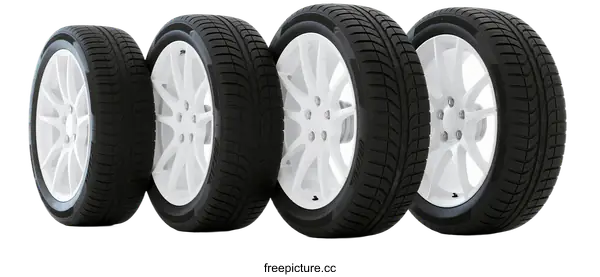 [Transparent Background PNG]A set of car tires arranged in a row showing white wheels and black rubber