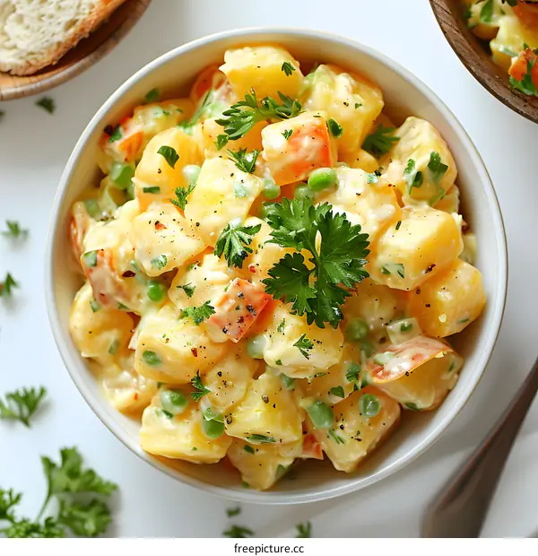 Potato salad with peas, carrots and parsley