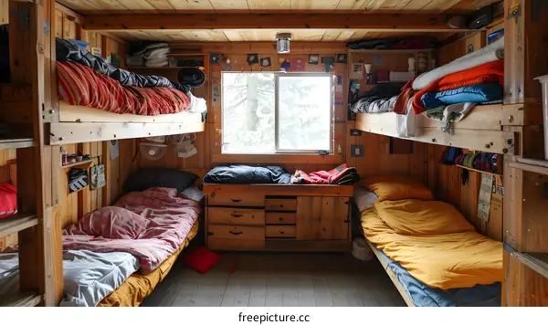 Cozy wooden bunkhouse with snowy window view