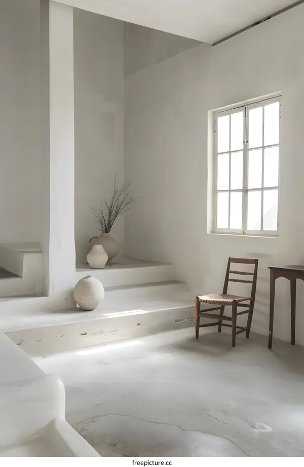 White Minimalist Interior Design with a Wooden Chair