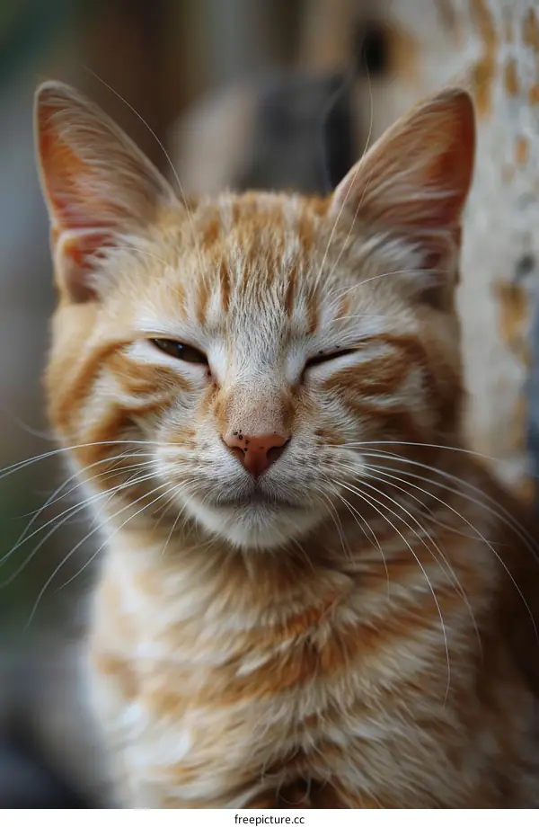 A ginger cat is closing its eyes