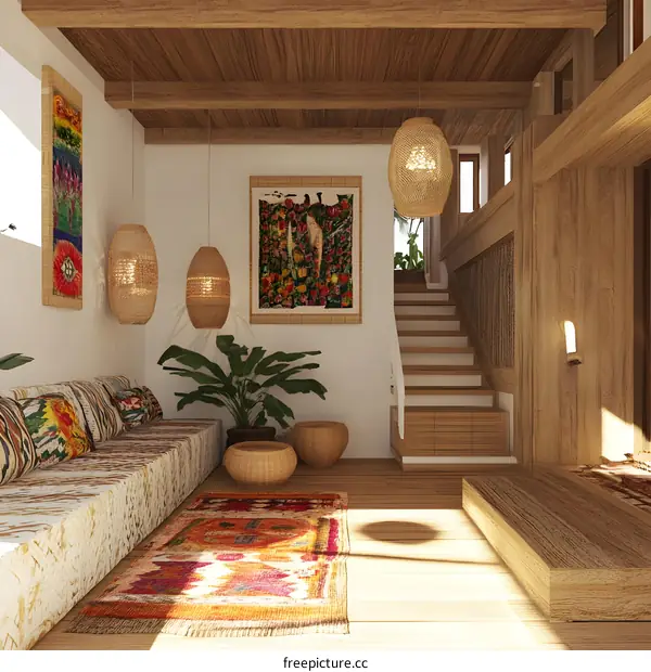 Bohemian Style Living Room Interior Design With Wooden Ceiling And Stairs